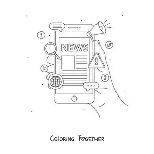 Coloring page of a hand holding a phone that shows news on its screen