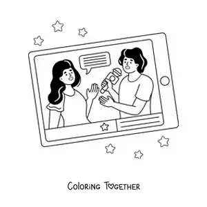 Coloring page of a press interview on a tablet screen