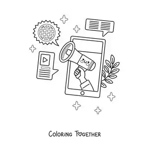 Coloring page of an animated phone announcing the latest news on its screen
