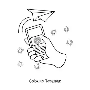 Coloring page of a phone sending a message through social media
