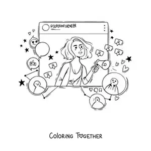 Coloring page of an animated influencer on a social network