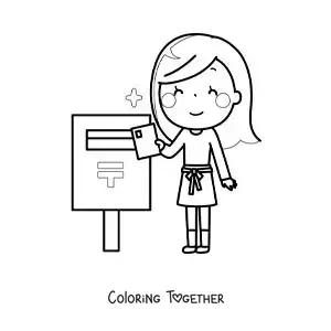 Coloring page of a girl sending a letter by mail
