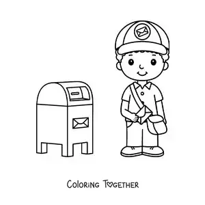 Coloring page of an animated mailman next to the mailbox