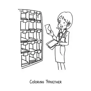 Coloring page of a mailwoman at the post office