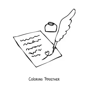 Coloring page of a quill writing a letter with ink