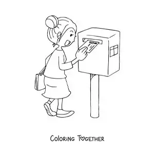 Coloring page of a woman sending a letter by mail