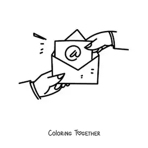 Coloring page of two hands opening a letter with the "@" sign