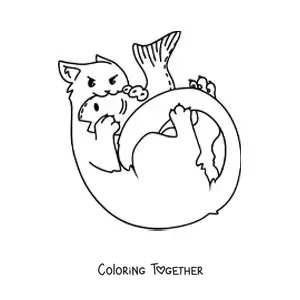Coloring page of a cat eating a fish