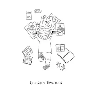 Coloring page of a little girl seen from above coloring on the floor