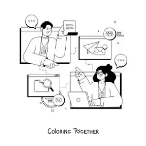Coloring page of two people communicating by email