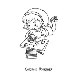 Coloring page of a girl coloring while lying on the floor