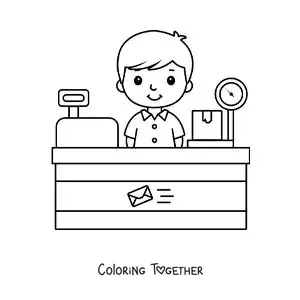 Coloring page of an animated boy at a post office