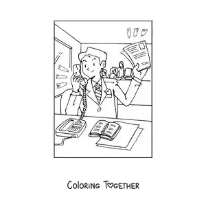 Coloring page of a man talking on a landline phone in his office
