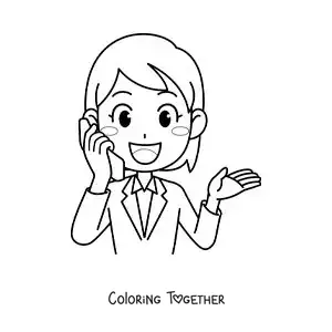 Coloring page of an animated woman talking on the phone