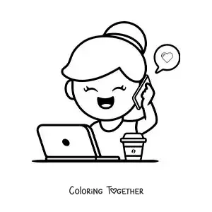 Coloring page of a girl talking on the phone while working from home