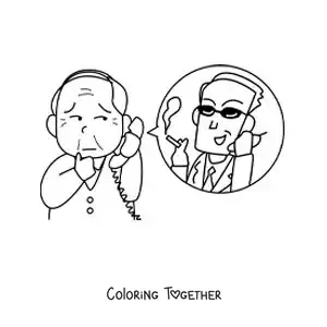 Coloring page of a worried grandfather on a phone call
