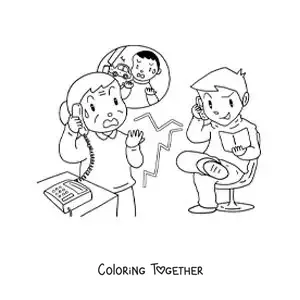 Coloring page of a worried grandmother in a phone call scam