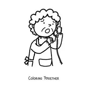 Coloring page of a worried grandmother talking on a landline phone
