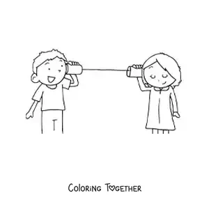 Coloring page of two children talking through a cup telephone