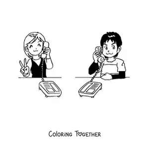 Coloring page of a girl and a boy talking on a phone call