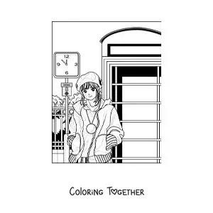 Coloring page of an aesthetic anime girl next to a phone booth