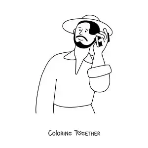 Coloring page of a man with a hat on a phone call
