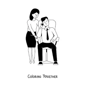 Coloring page of a man in a suit talking on the phone next to his wife