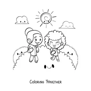 Coloring page of two happy girls out for a walk in the countryside