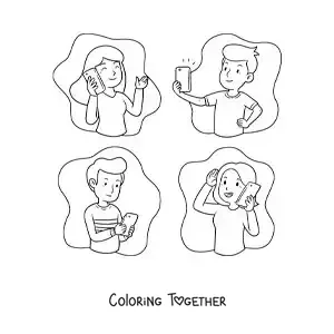 Coloring page of young people communicating by phone