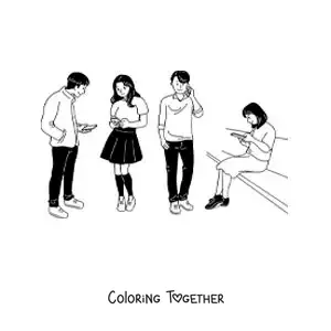 Coloring page of a group of teenagers talking and texting on the phone