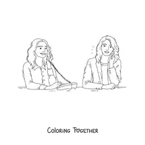 Coloring page of two friends talking on the phone