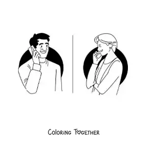 Coloring page of a man and his mother talking on the phone