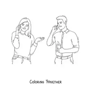 Coloring page of a man and a woman talking on the phone