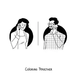Coloring page of a man and his wife talking on the phone