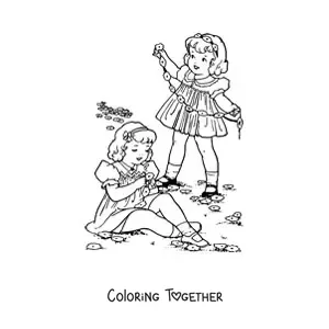 Coloring page of two girls picking flowers