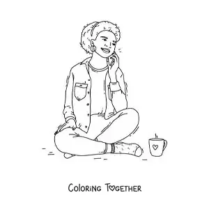 Coloring page of a girl sitting and talking on a phone call