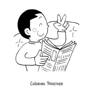 Coloring page of a cartoon boy reading the newspaper