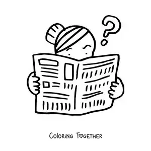 Coloring page of a confused woman reading the newspaper