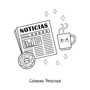 Coloring page of a newspaper with a donut and a coffee in kawaii cartoon style