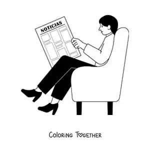 Coloring page of a girl sitting on the sofa reading the newspaper news