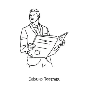 Coloring page of a man in a suit reading the newspaper news