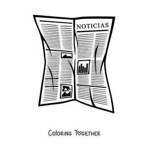 Coloring page of an open newspaper showing news on its front page