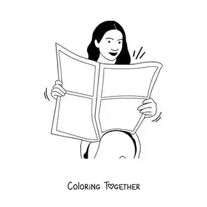 Coloring page of a woman sitting and reading the newspaper