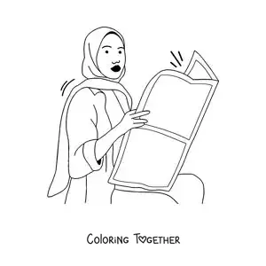 Coloring page of a woman wearing a hijab sitting and reading the newspaper