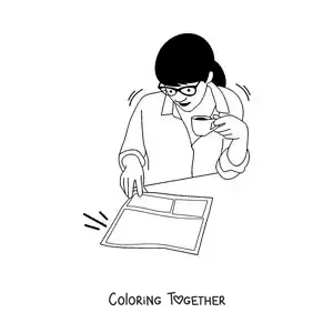 Coloring page of a woman sitting reading the newspaper and drinking a coffee
