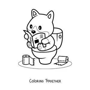 Coloring page of a cartoon dog sitting on the toilet reading the newspaper