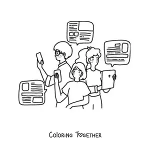 Coloring page of a group of young people reading the news online