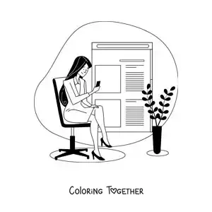 Coloring page of a woman sitting reading the news on her phone