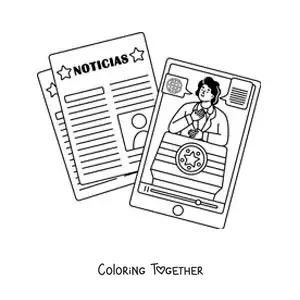Coloring page of a newspaper next to a phone showing the news