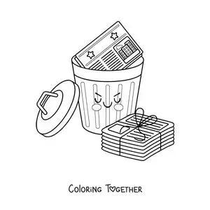 Coloring page of several newspapers in a cartoon trash can